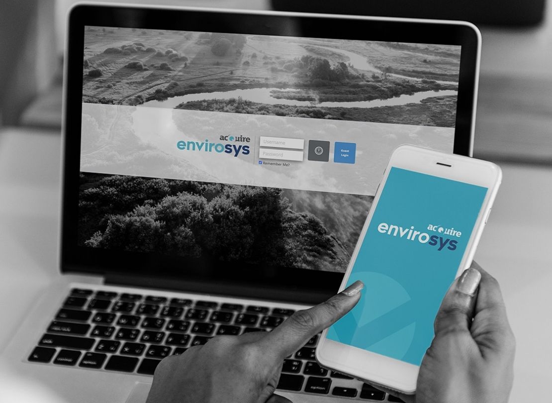 EnvioSys environmental software on mobile device and laptop screen